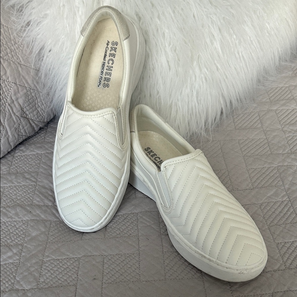 Skechers Women's White Quilted Slip-On Casual Sneakers